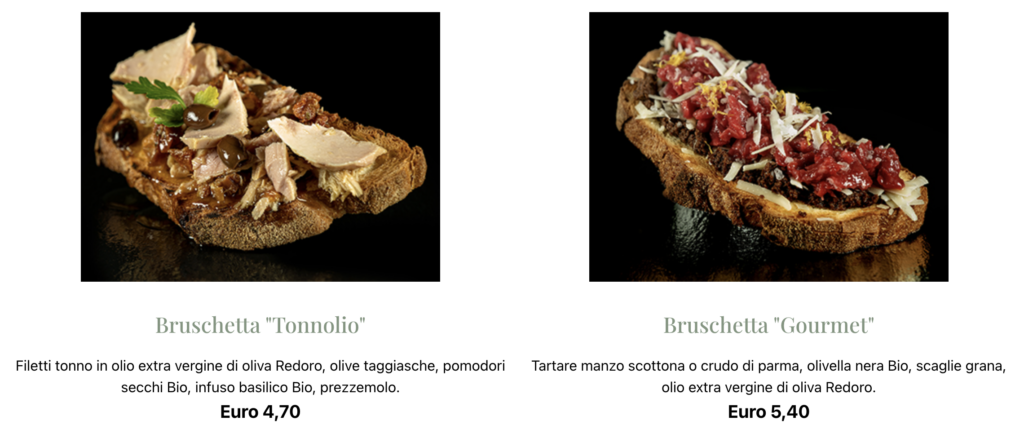 a portion of Bruschetteria Redoro's menu