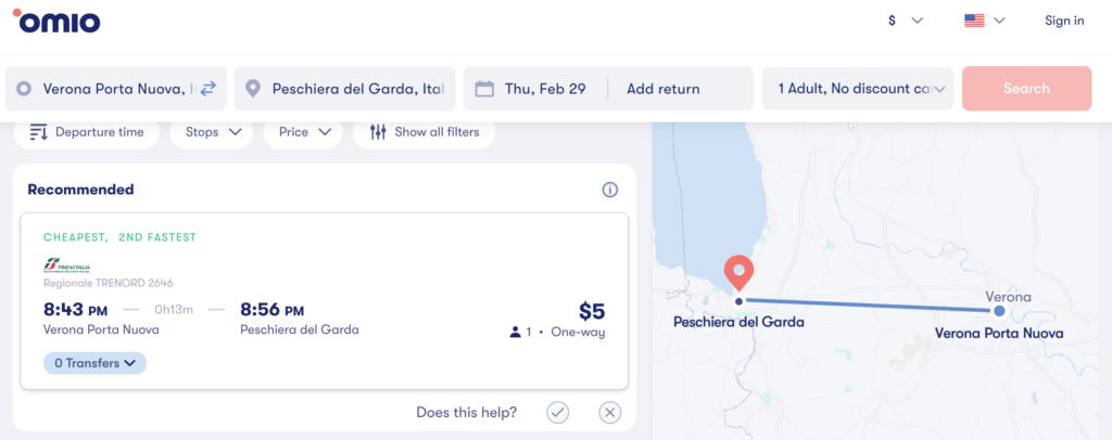 a screesnshot of the Omio website showing how to take a train from Verona to Lake Garda