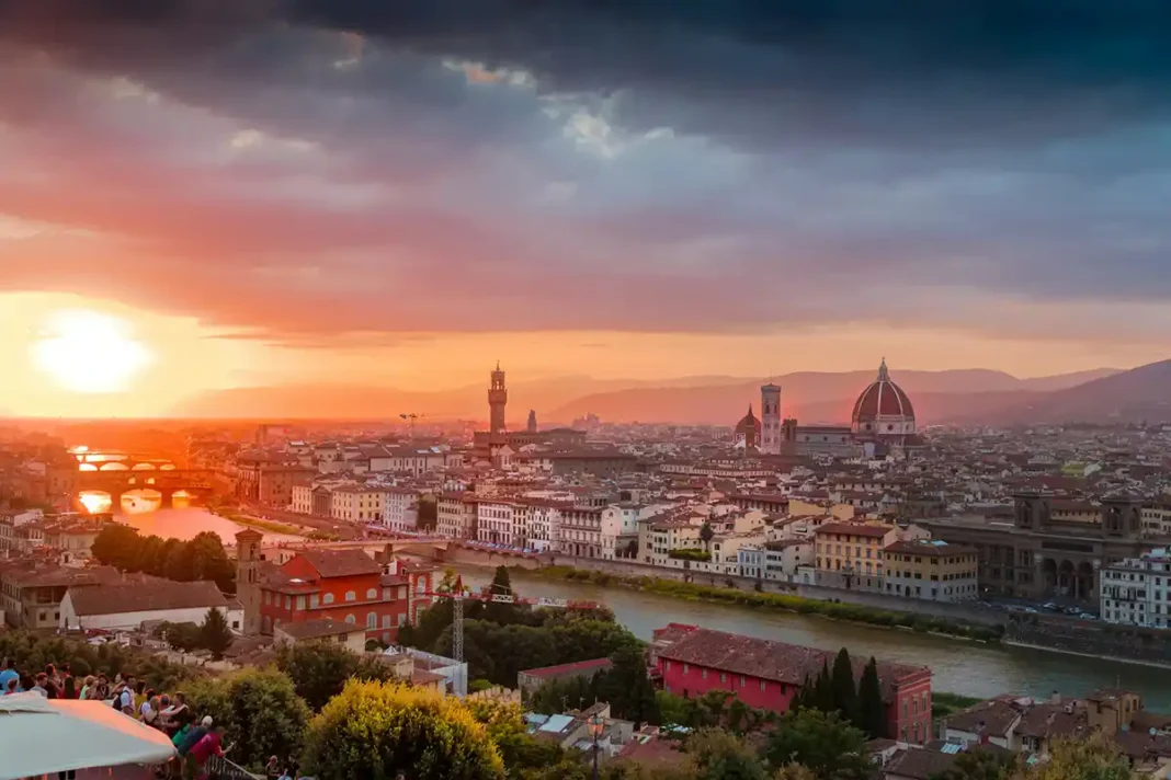 A view of Florence, Italy at sunset